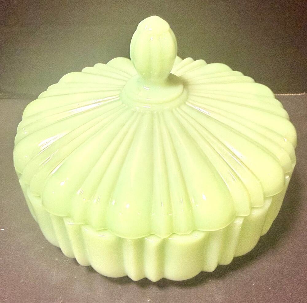 1940’s Fire-King Jadeite ribbed covered candy “dish old cafe” Anchor Hocking